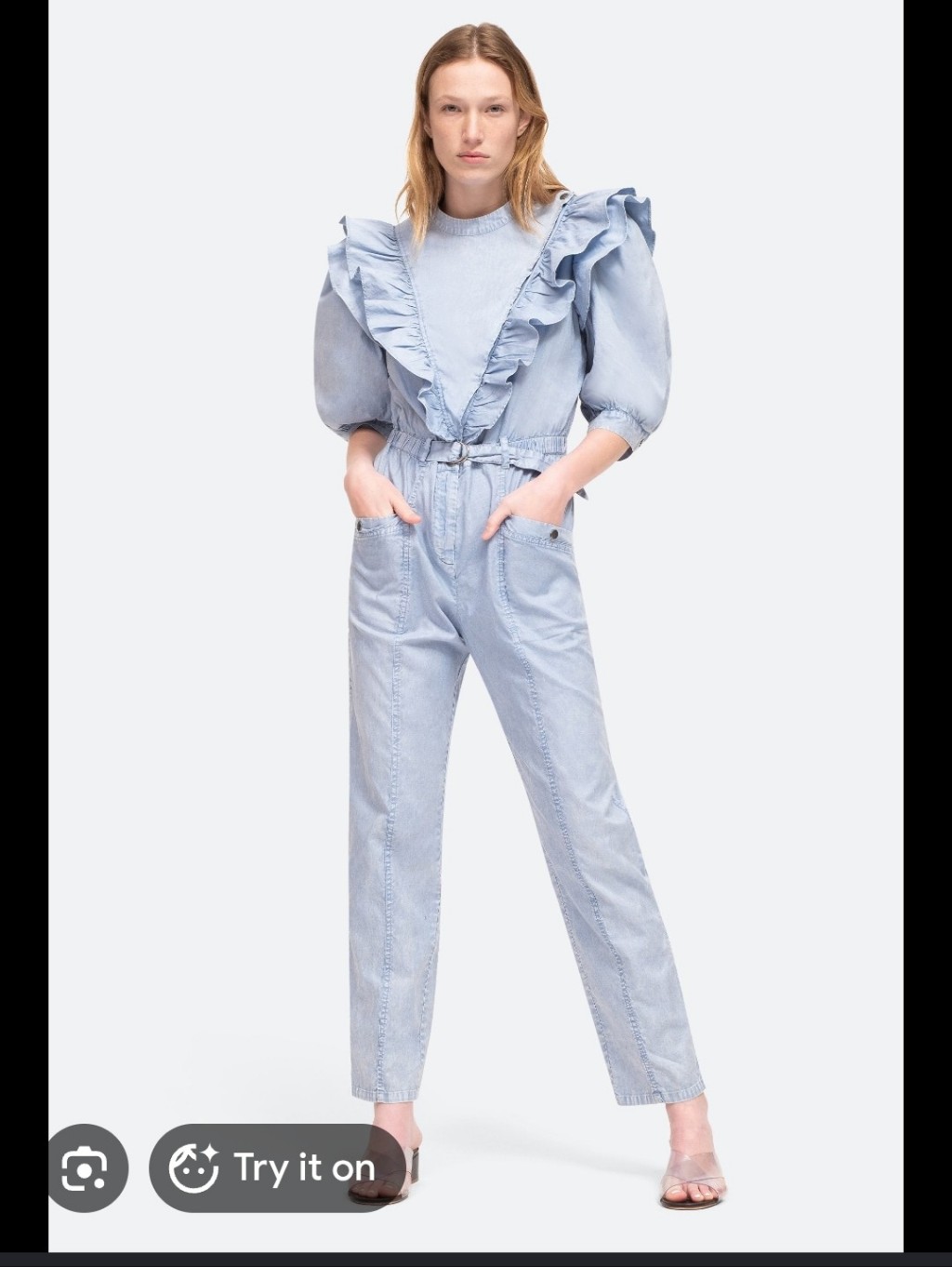 Sea Ny Maura Acid-Wash Denim Ruffle Jumpsuit Size 8